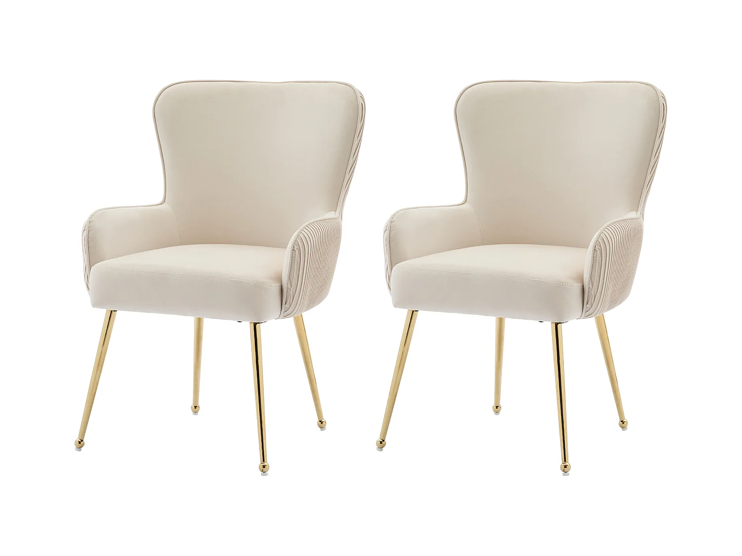 2er-Set Samtstühle - 83 x 53 x 57 cm - vier goldene Metallbeine - mit Armlehnen und verstellbaren Füßen - Beige