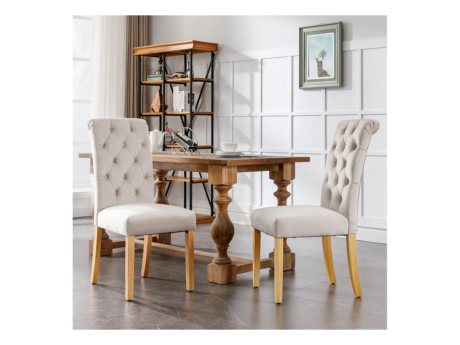 Juego de 2 sillas de comedor de terciopelo - 100 x 63 x 45 cm - con patas de roble - para dormitorio y salón - beige