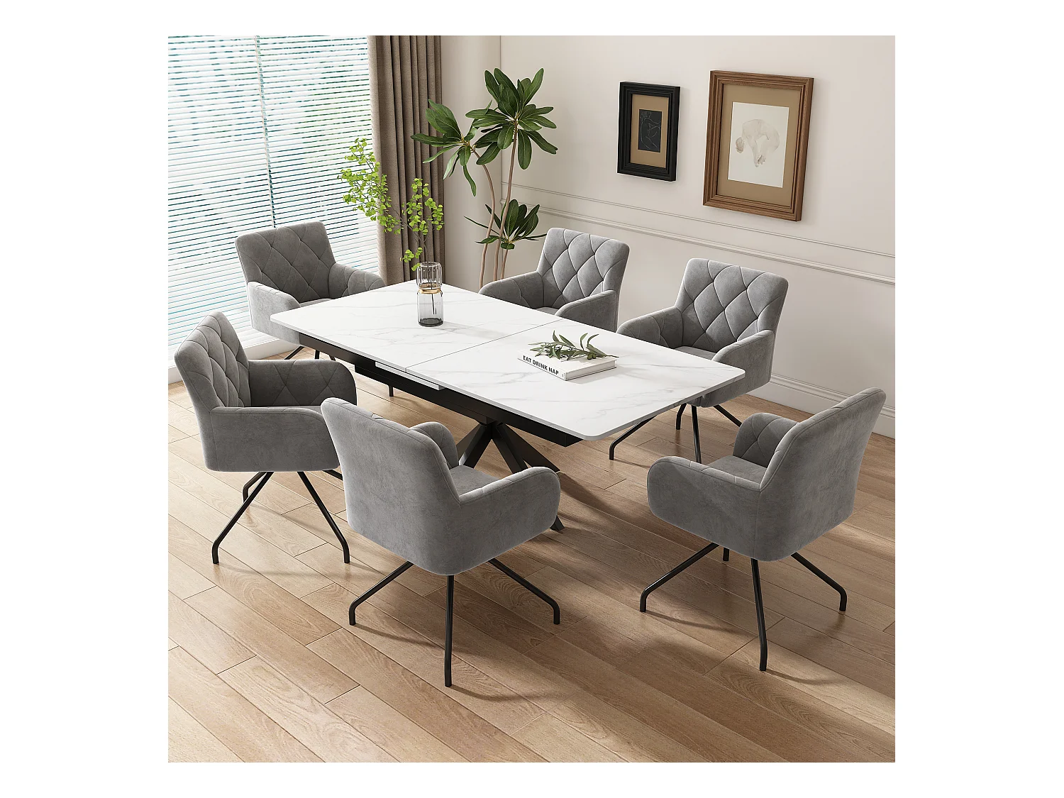 6er-Set Esszimmerstühle aus Samt – 85 x 49 x 49 cm – Gepolsterter Sessel mit 4 Metallbeinen – mit Lendenwirbelstütze – Grau