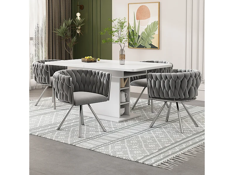 4er-Set Drehstühle aus Samt – 72 x 44 x 59 cm – Wohnzimmer & Schlafzimmer – Vier silberne Metallbeine – Grau