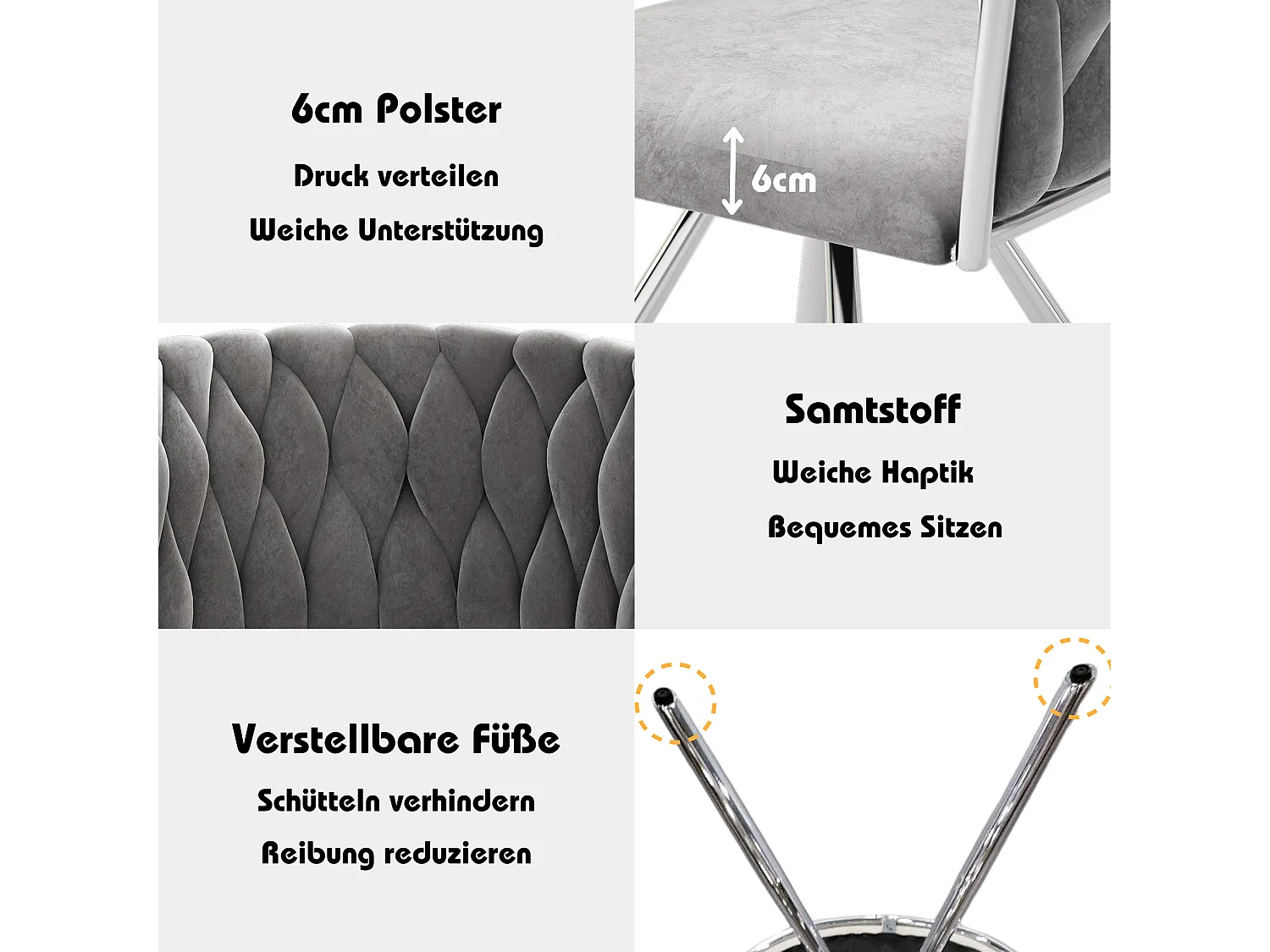 Lot de 4 Chaises pivotantes en velours - 72 x 44 x 59 cm - salon et chambre à coucher - quatre pieds en métal argenté - gris