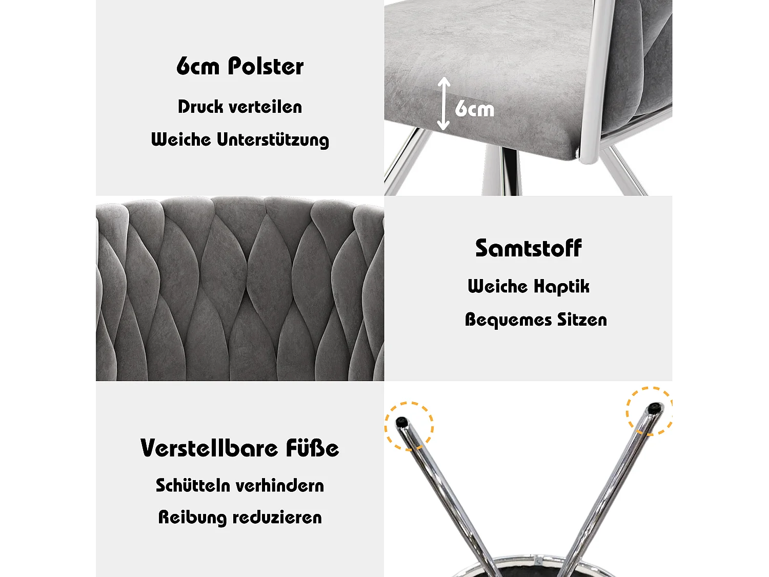 4er-Set Drehstühle aus Samt – 72 x 44 x 59 cm – Wohnzimmer & Schlafzimmer – Vier silberne Metallbeine – Grau