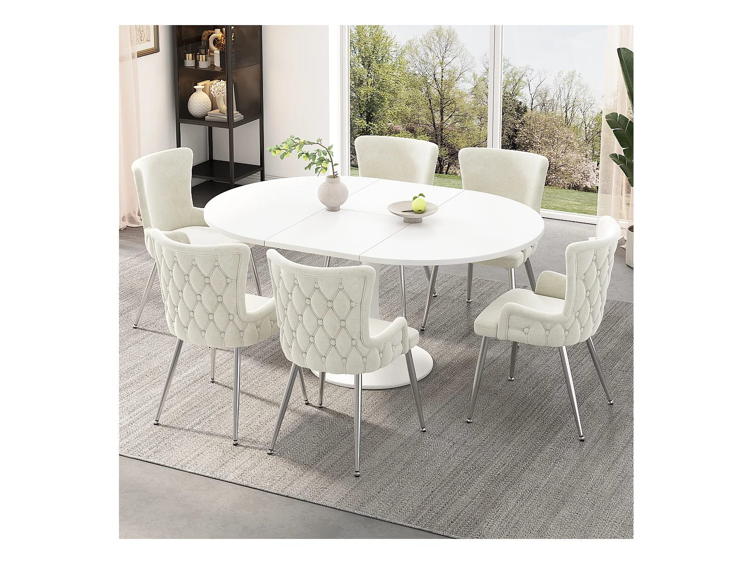 6er-Set Luxus-Samtstühle - 85 x 47 x 49 cm - mit vier silbernen Metallbeinen - Beige