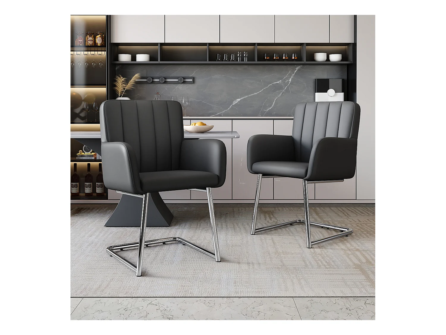 Set van 6 stoelen - 86 x 50 x 46 cm - gestoffeerde fauteuil met metalen poten - voor slaapkamer en kantoor - kunstleer - zwart