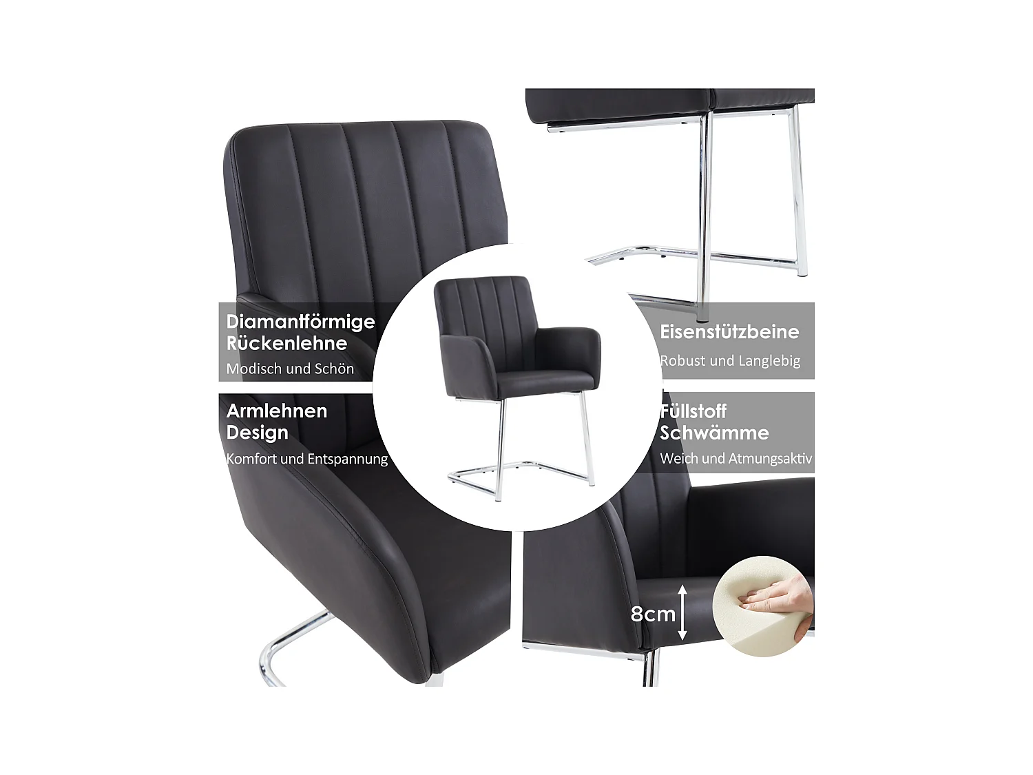 Set van 6 stoelen - 86 x 50 x 46 cm - gestoffeerde fauteuil met metalen poten - voor slaapkamer en kantoor - kunstleer - zwart