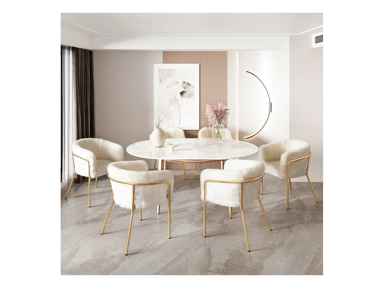 Lot de 6 Chaises faux fur luxe de loisirs - 77 x 57 x 57 cm - fauteuil de toilette - quatre pieds en métalet - beige