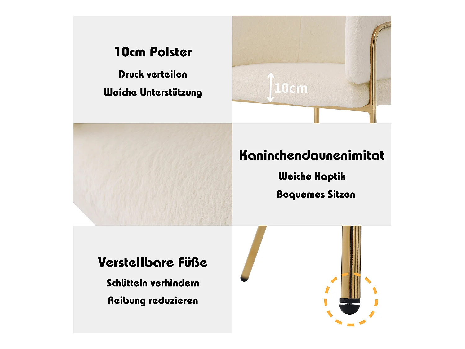 Lot de 6 Chaises faux fur luxe de loisirs - 77 x 57 x 57 cm - fauteuil de toilette - quatre pieds en métalet - beige