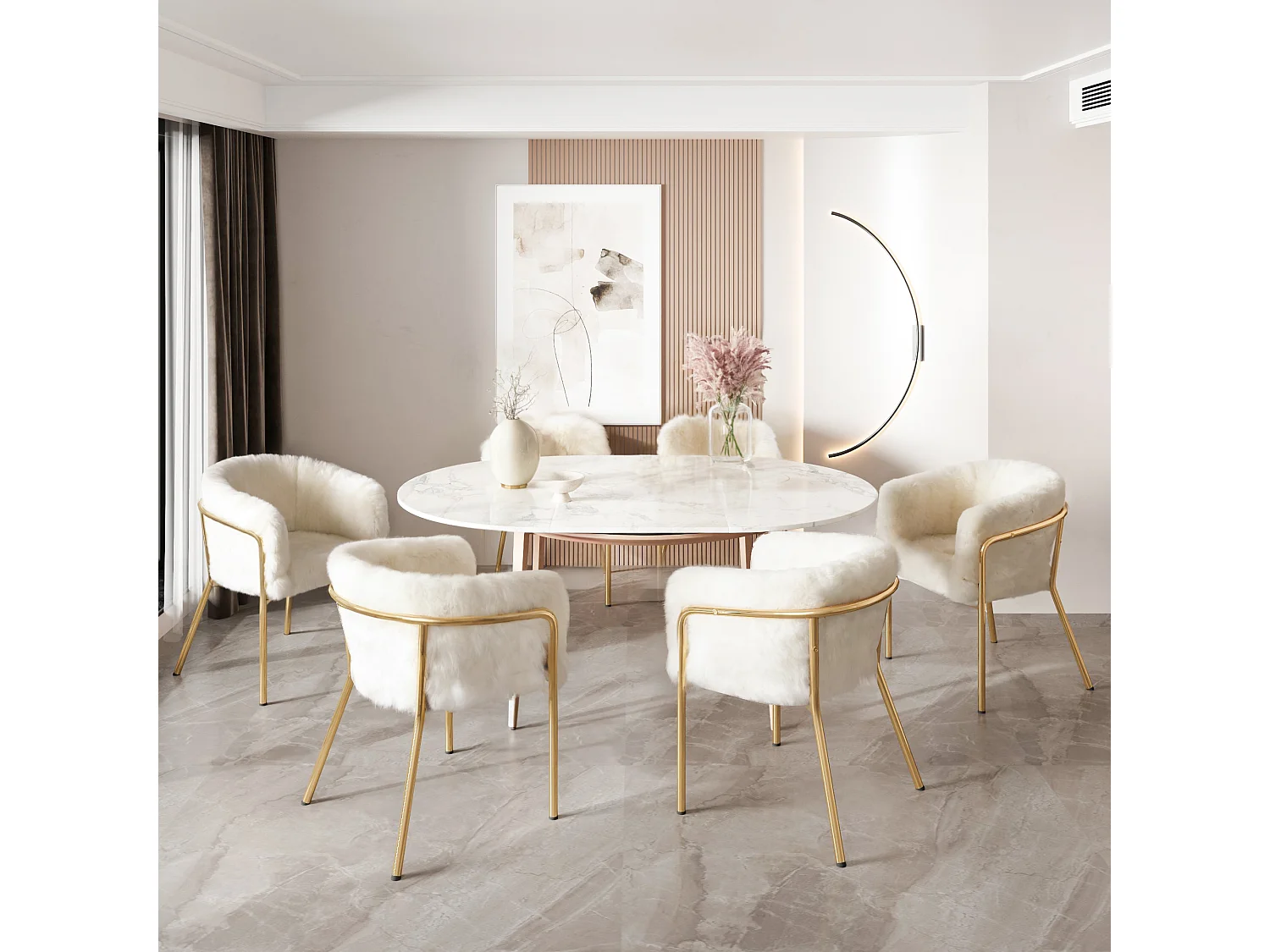 Lot de 6 Chaises faux fur luxe de loisirs - 77 x 57 x 57 cm - fauteuil de toilette - quatre pieds en métalet - beige