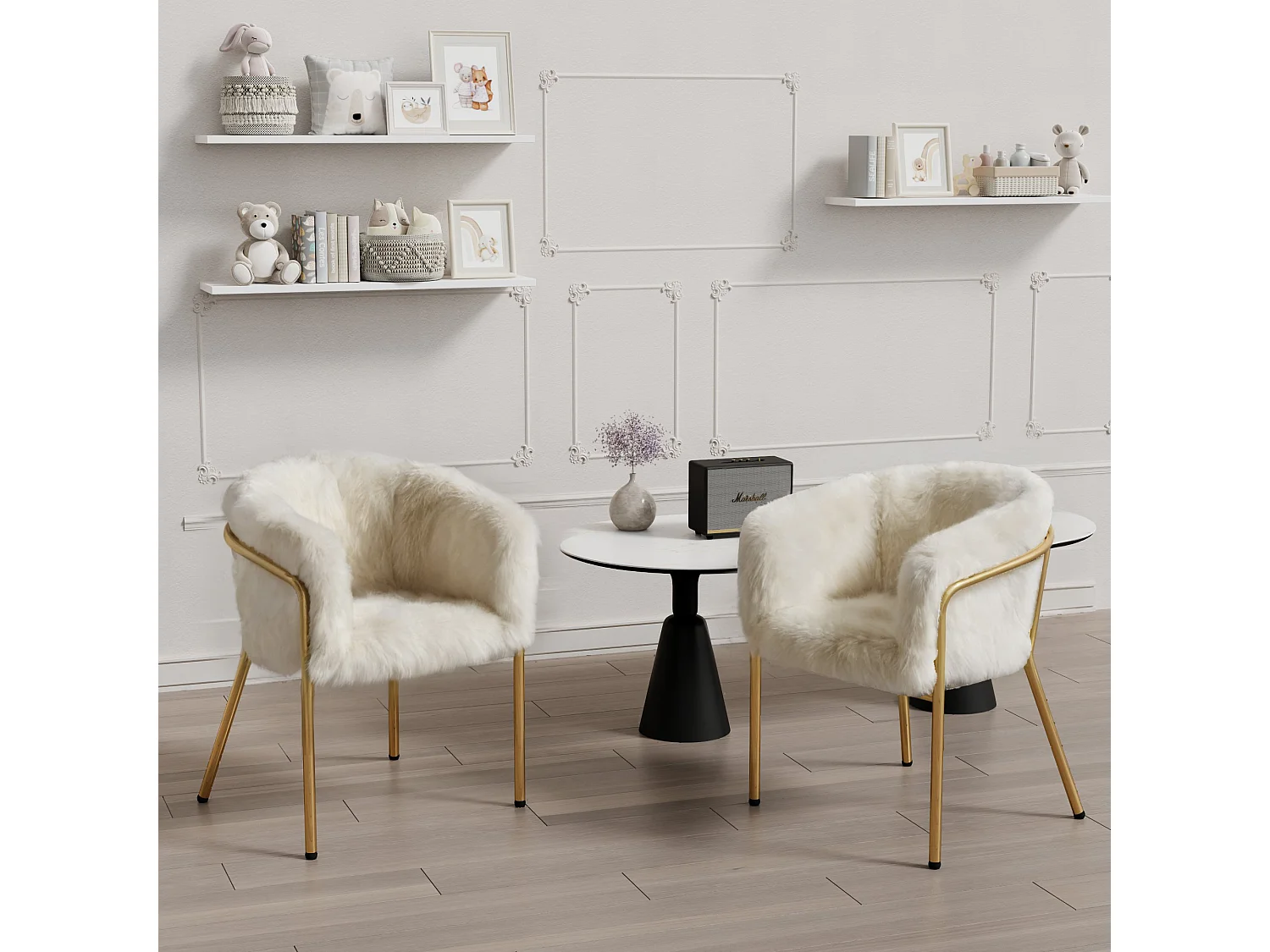 Lot de 6 Chaises faux fur luxe de loisirs - 77 x 57 x 57 cm - fauteuil de toilette - quatre pieds en métalet - beige