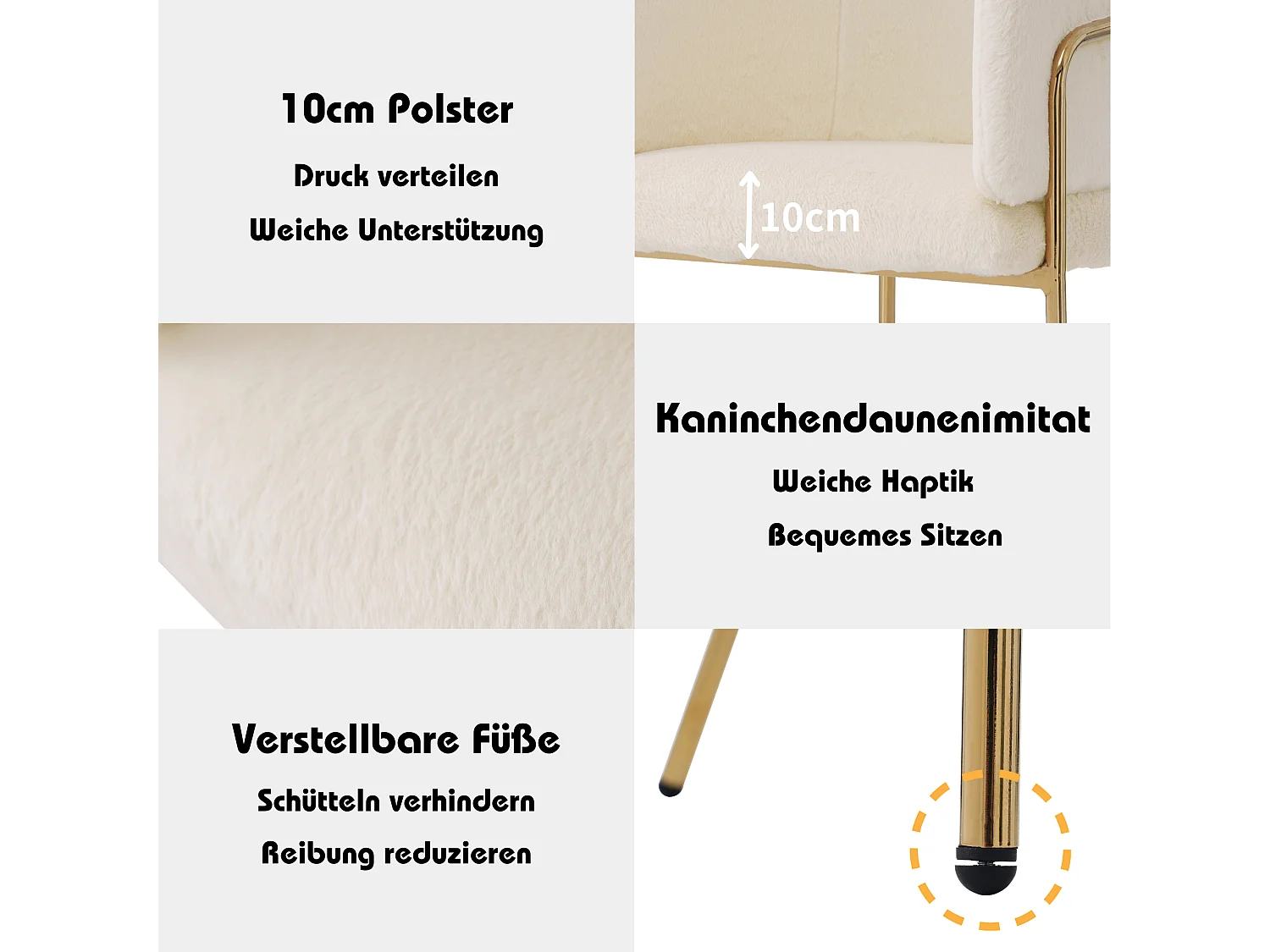 Juego de 6 sillas de ocio de piel sintética de lujo - 77 x 57 x 57 cm - Sillón de tocador - Cuatro patas de metal - Beige