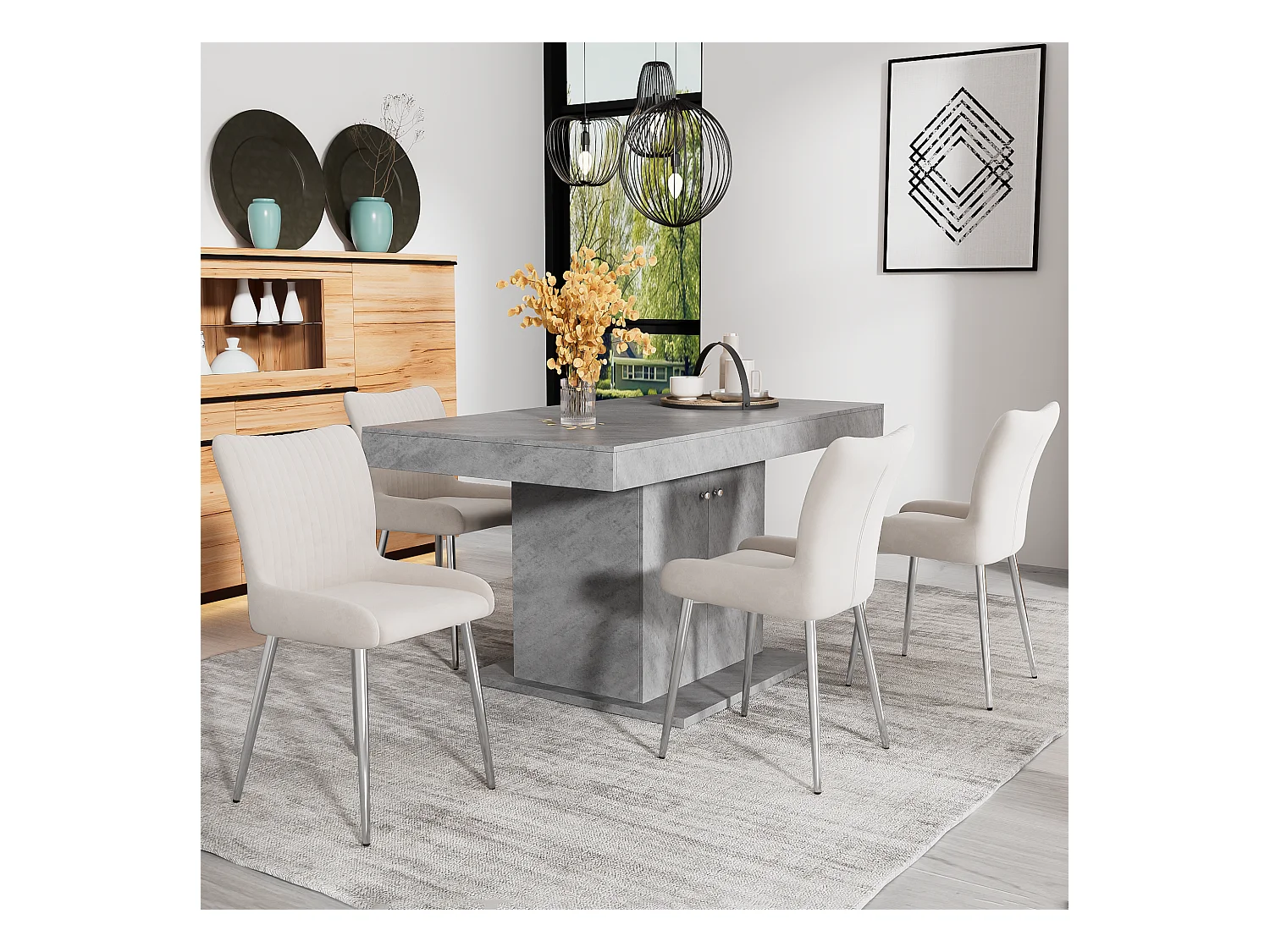 Lot de 4 chaises velours - 85 x 58 x 47 cm - chaise salon de luxe - quatre pieds en métal argenté - beige