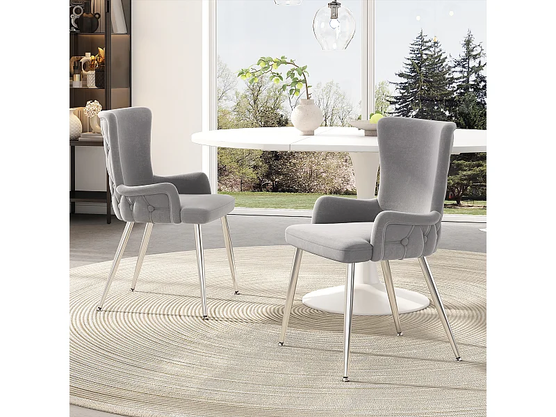 Lot de 2 chaises luxe en velours - 85 x 47 x 49 cm - avec quatre pieds en métal argenté - gris