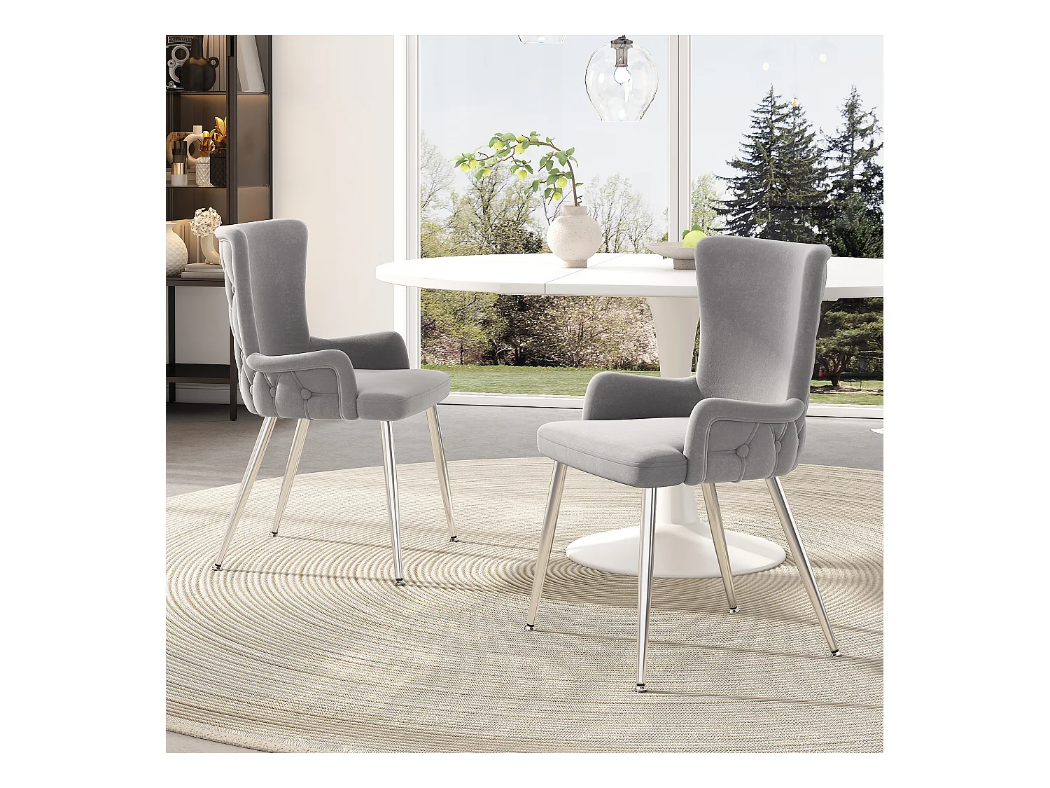 2er-Set Luxus-Samtstühle – 85 x 47 x 49 cm – mit vier silbernen Metallbeinen – Grau