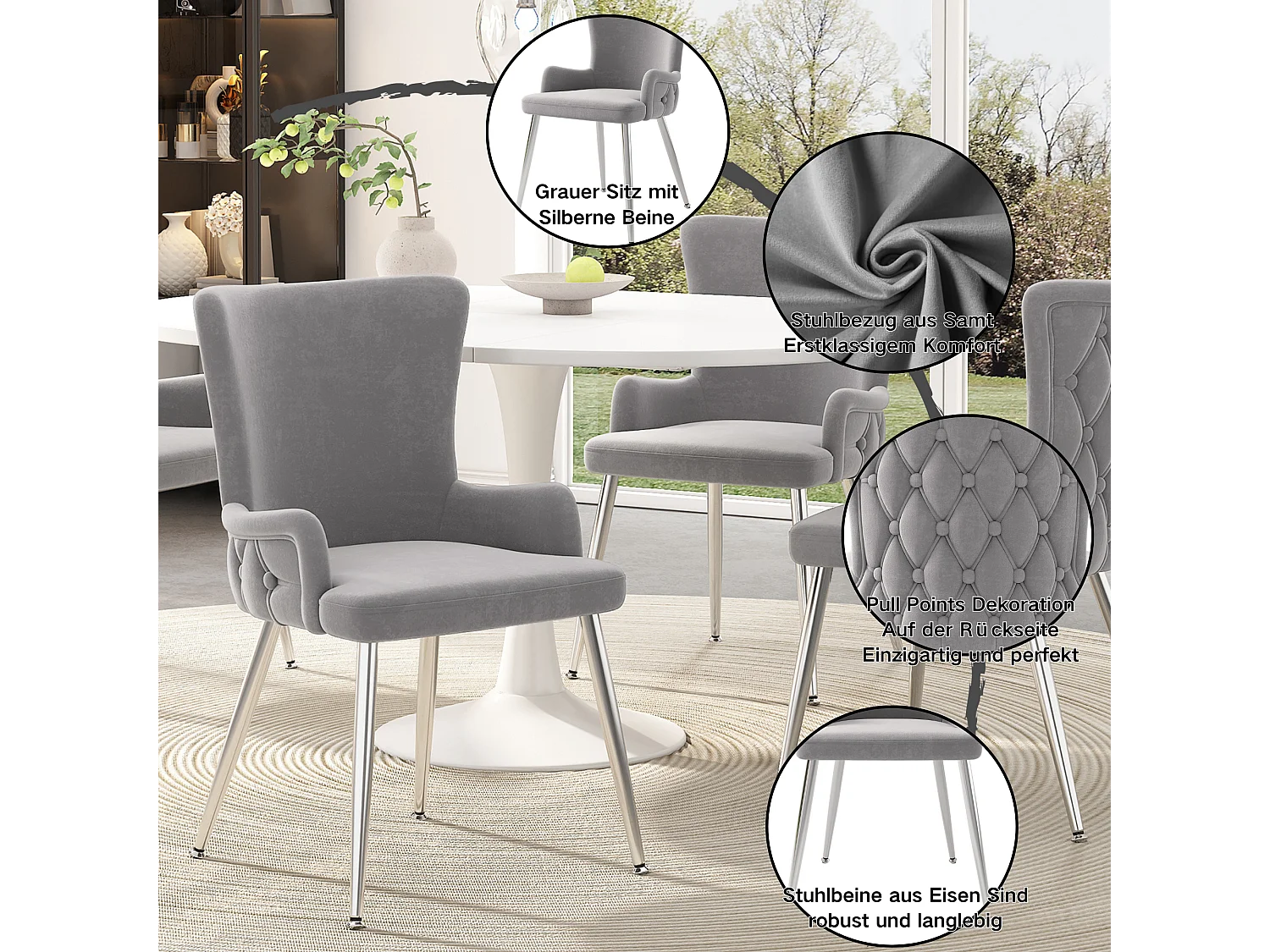 Conjunto de 2 cadeiras de veludo de luxo - 85 x 47 x 49 cm - com quatro pernas de metal prateado - cinza