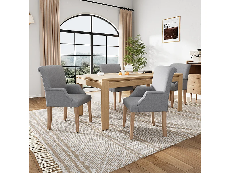 Set van 4 linnen stoelen - 88 x 61 x 51 - met armleuningen en dikke kussens - verstelbare poten - grijs