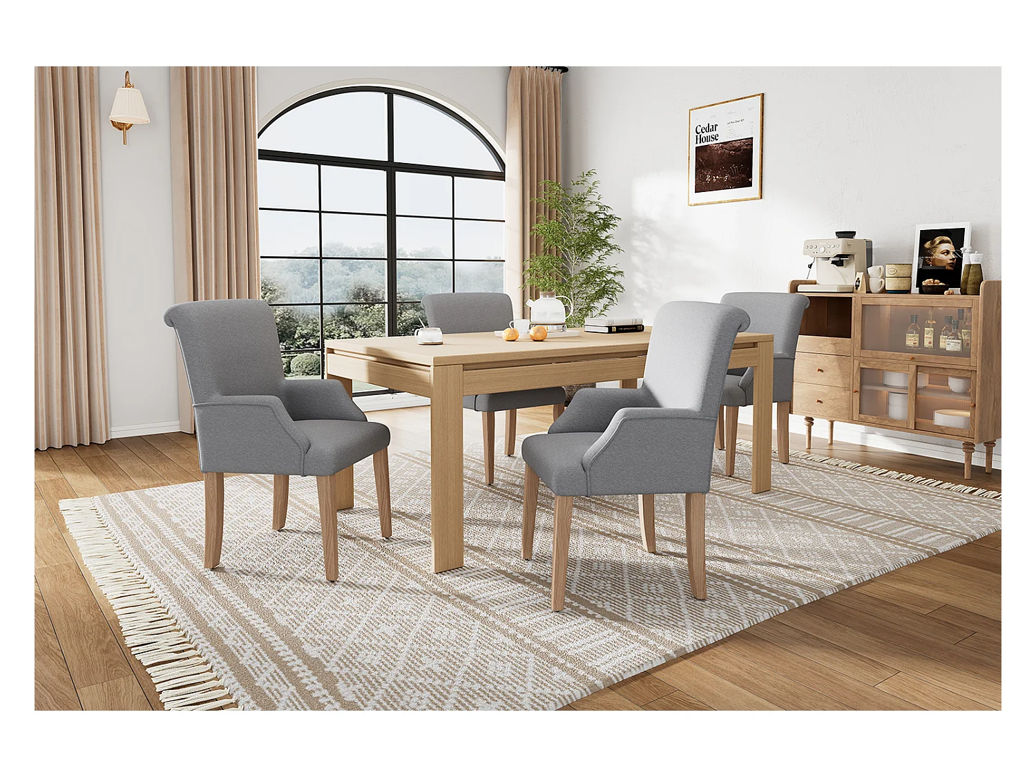 Set van 4 linnen stoelen - 88 x 61 x 51 - met armleuningen en dikke kussens - verstelbare poten - grijs