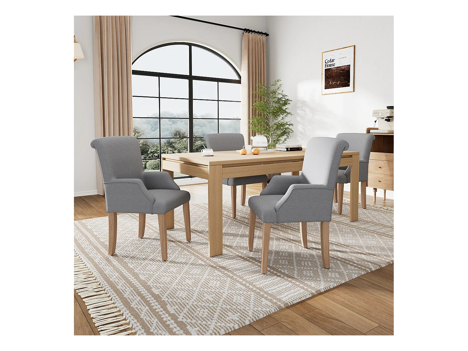 Lot de 4 Chaises en lin - 88 x 61 x 51 - avec accoudoirs et coussin épais - pieds réglables - gris