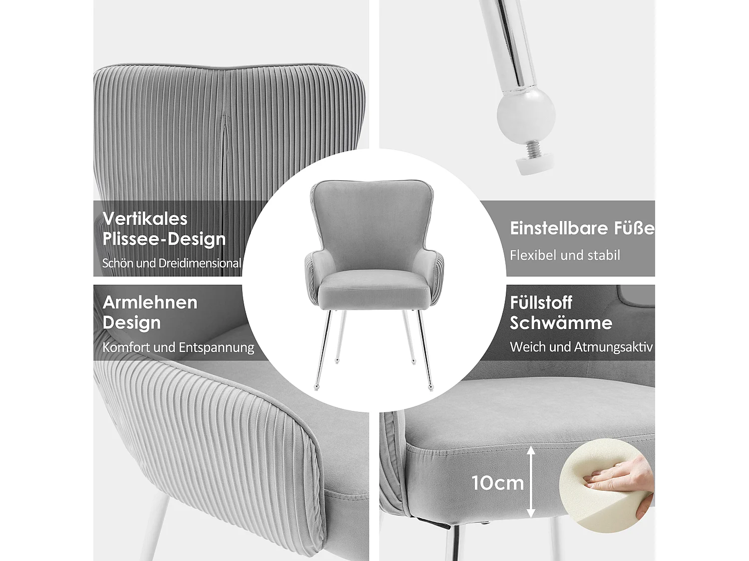 Lot de 6 Chaises en velours - 83 x 53 x 57 cm - quatre pieds en métal argenté -avec accoudoirs et pieds réglables - gris