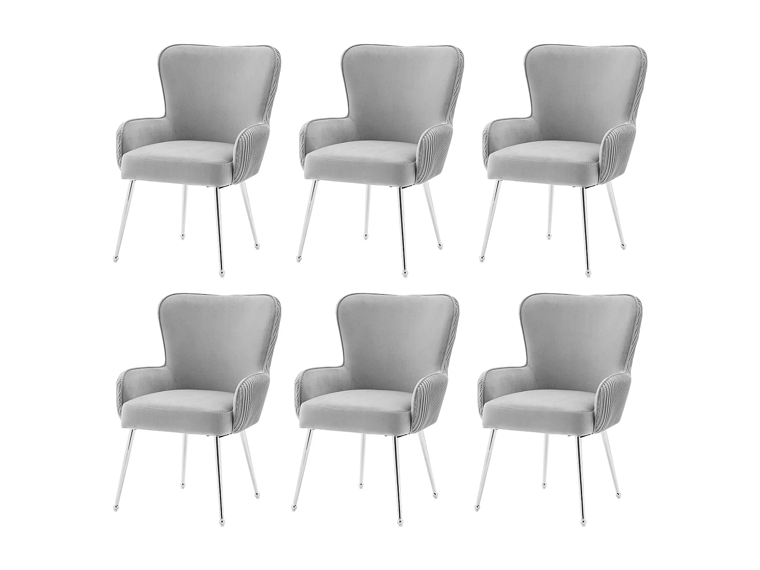 Lot de 6 Chaises en velours - 83 x 53 x 57 cm - quatre pieds en métal argenté -avec accoudoirs et pieds réglables - gris