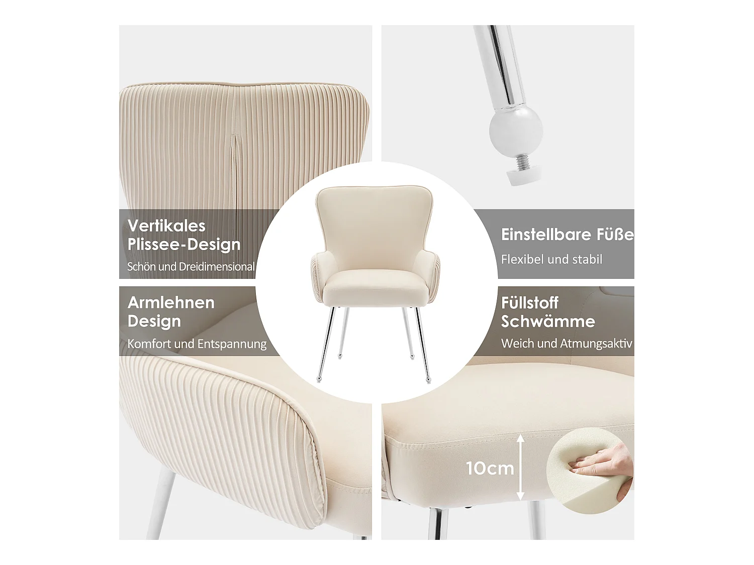 Lot de 6 Chaises en velours - 83 x 53 x 57 cm - quatre pieds en métal argenté -avec accoudoirs et pieds réglables - beige