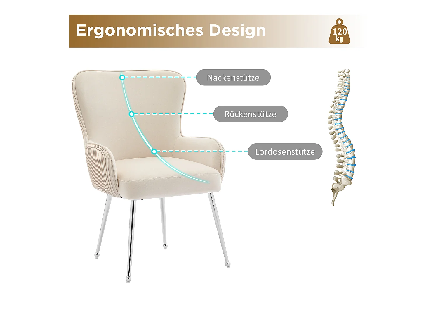 Lot de 6 Chaises en velours - 83 x 53 x 57 cm - quatre pieds en métal argenté -avec accoudoirs et pieds réglables - beige