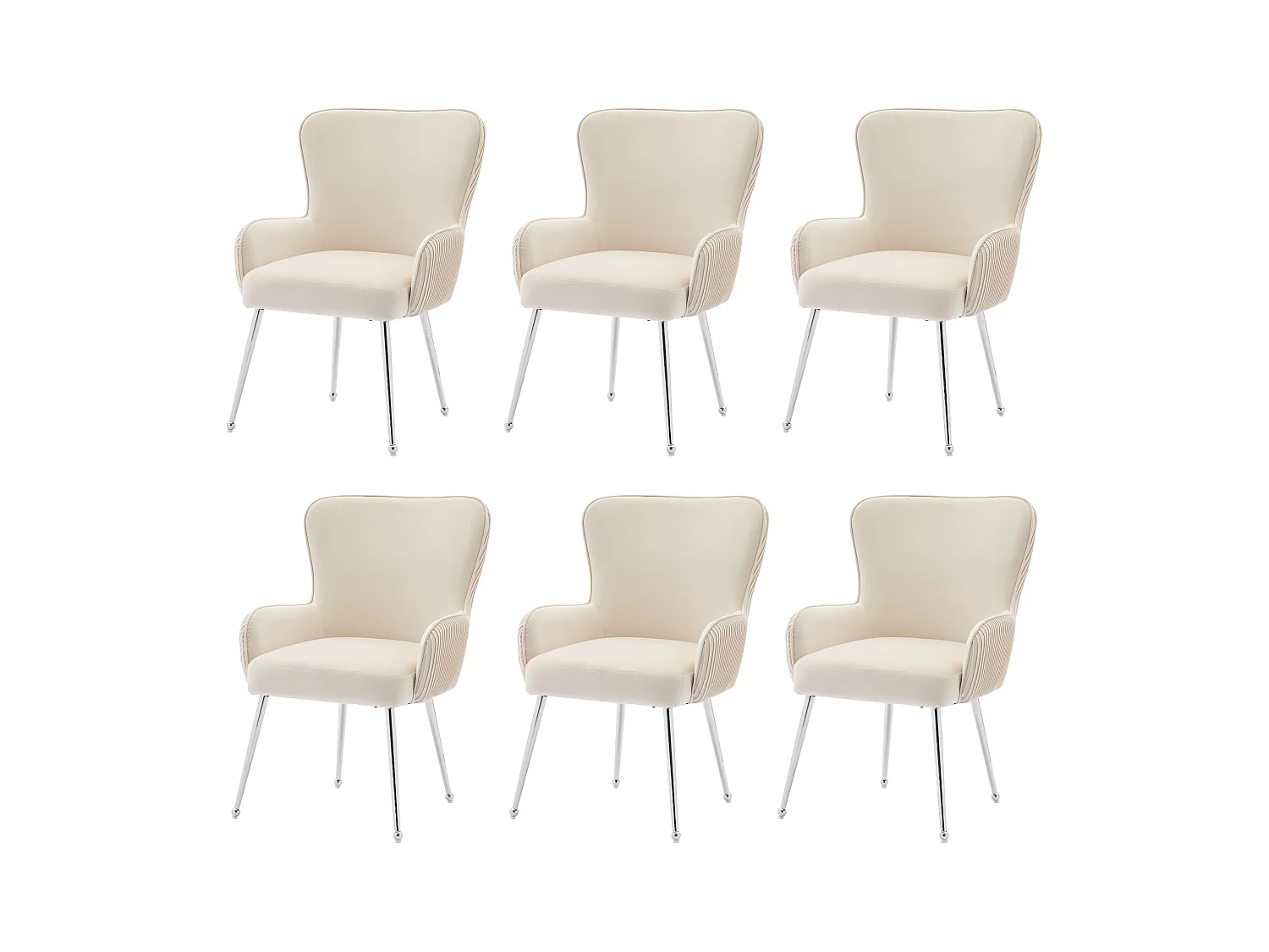 Lot de 6 Chaises en velours - 83 x 53 x 57 cm - quatre pieds en métal argenté -avec accoudoirs et pieds réglables - beige