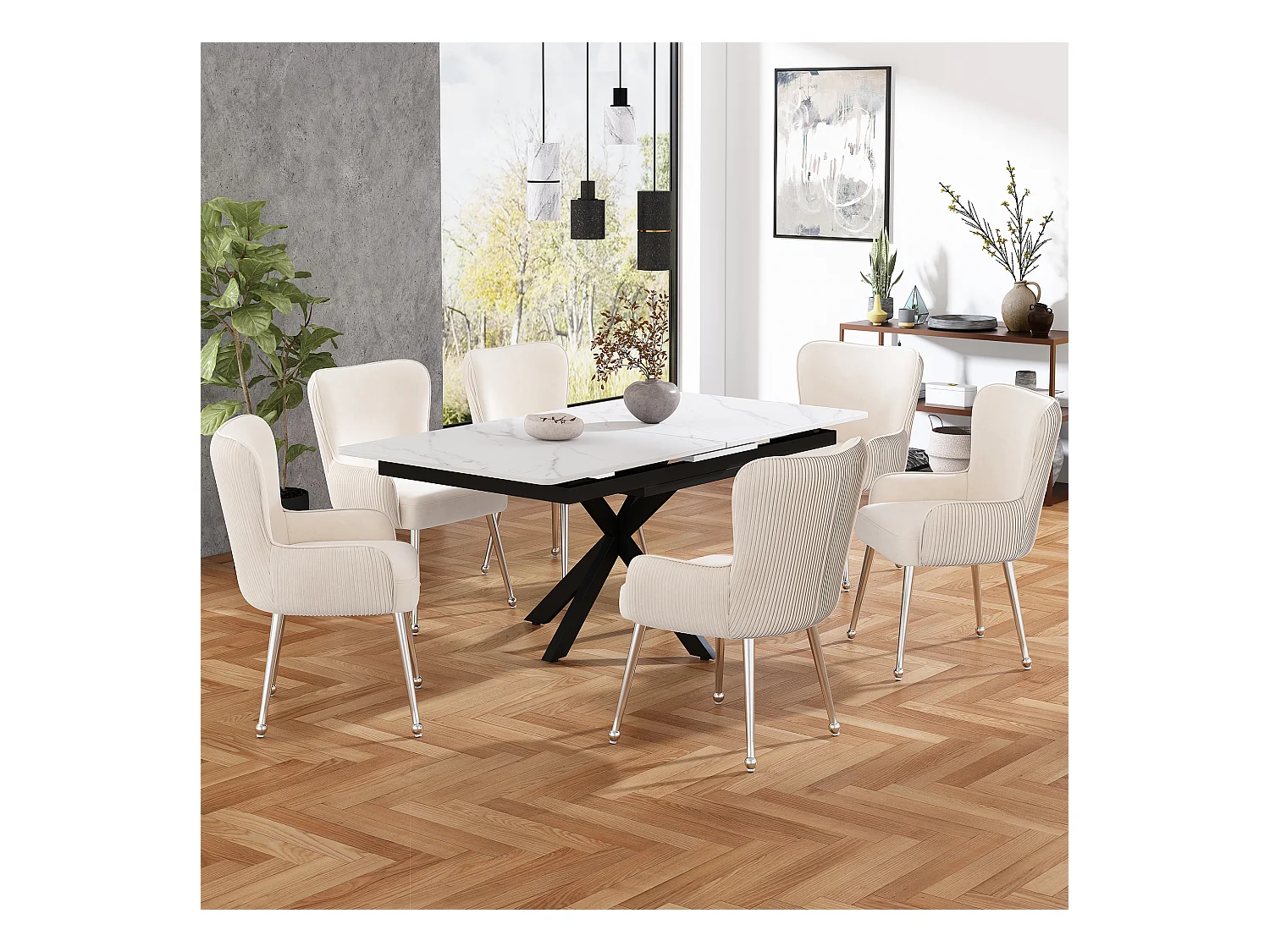 6er-Set Samtstühle - 83 x 53 x 57 cm - Vier silberne Metallbeine - mit Armlehnen und verstellbaren Füßen - Beige