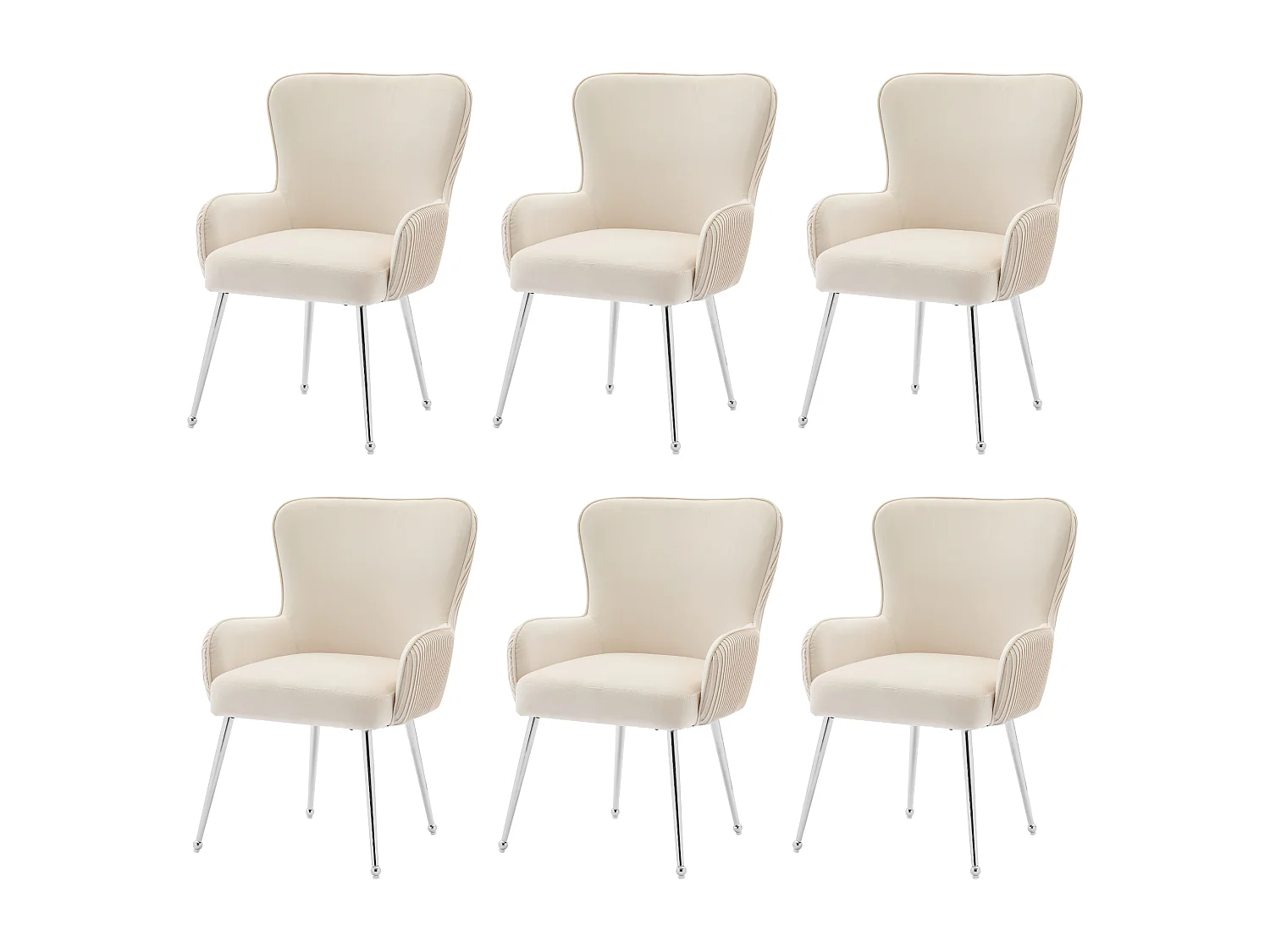 6er-Set Samtstühle - 83 x 53 x 57 cm - Vier silberne Metallbeine - mit Armlehnen und verstellbaren Füßen - Beige