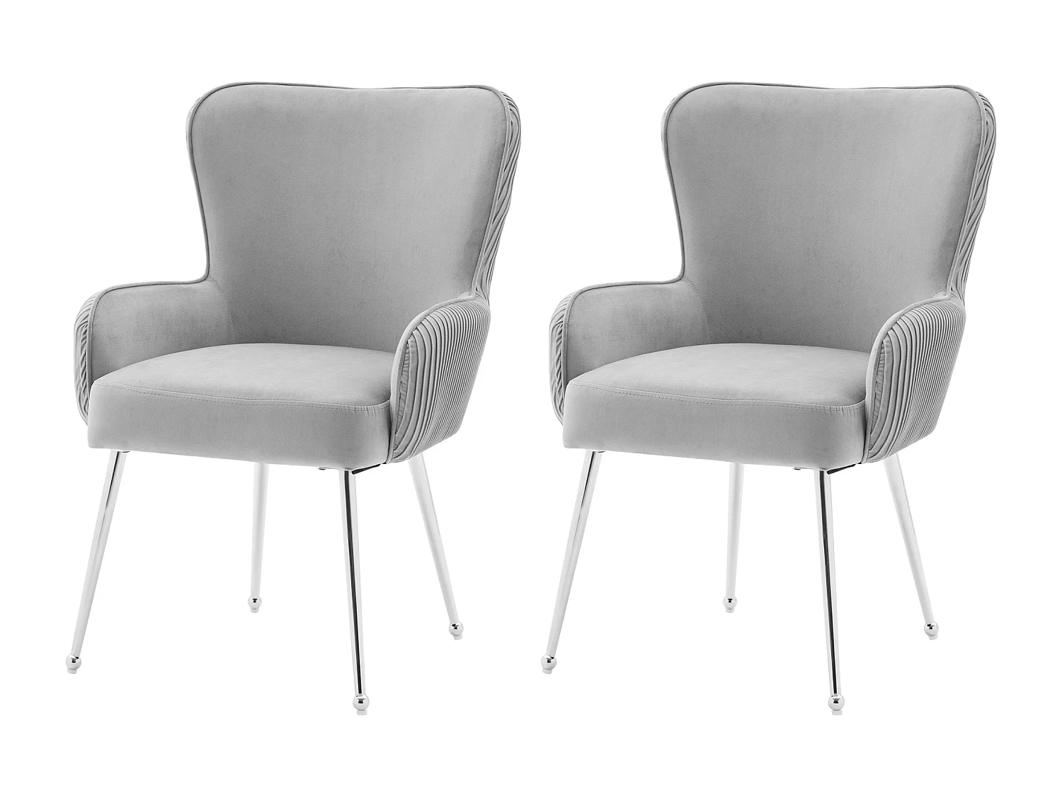 Lot de 2 Chaises en velours - 83 x 53 x 57 cm - quatre pieds en métal argenté -avec accoudoirs et pieds réglables - gris