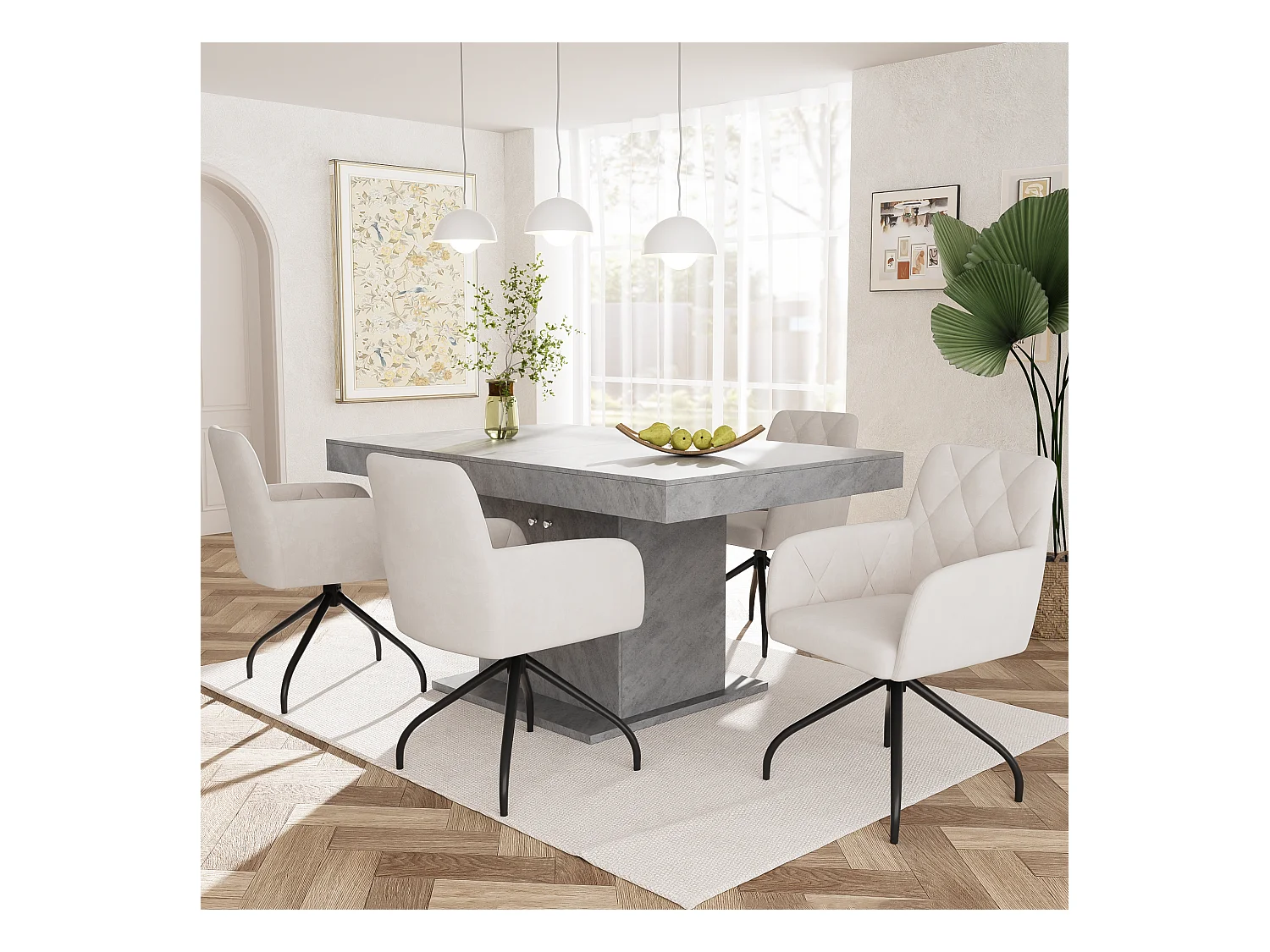 Lot de 4 chaises pivotantes à 360°en velours - 85 x 60 x 46 cm - fauteuil rembourré avec 4 pieds en métal - blanc