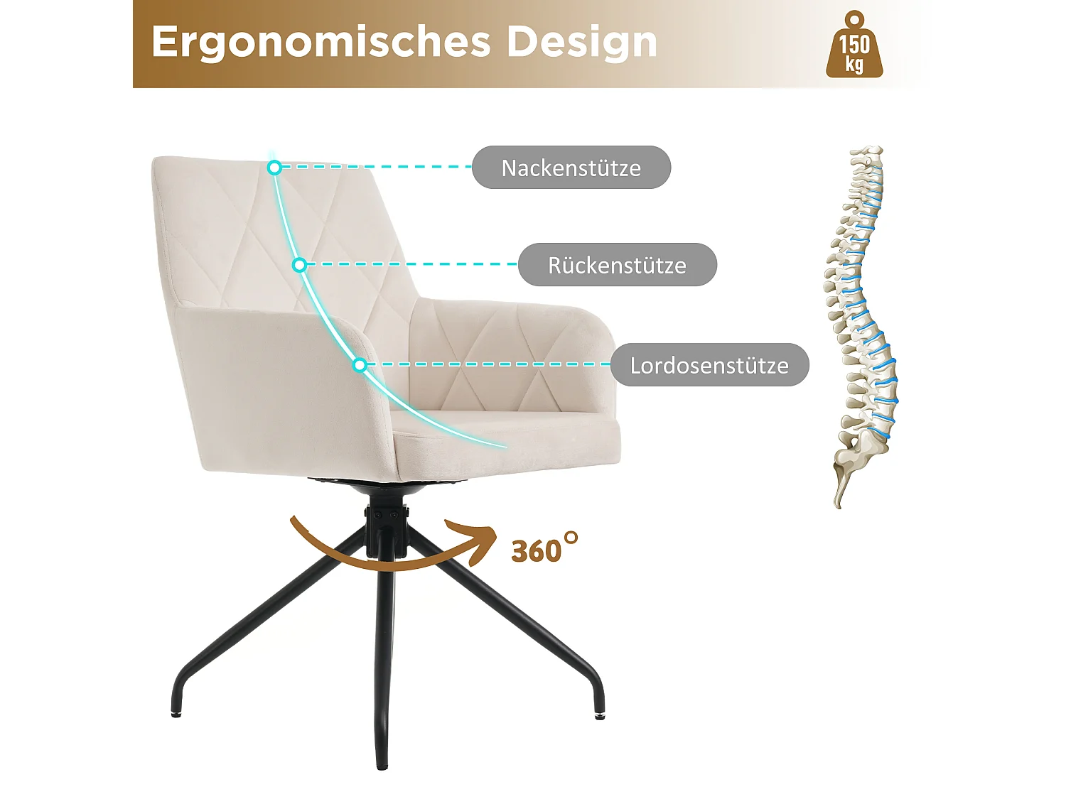 Lot de 4 chaises pivotantes à 360°en velours - 85 x 60 x 46 cm - fauteuil rembourré avec 4 pieds en métal - blanc