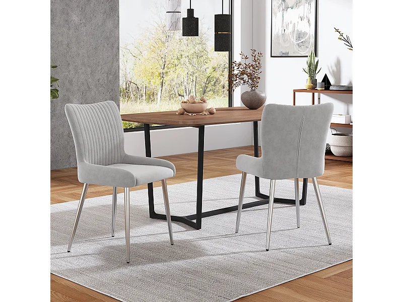 Conjunto de 2 cadeiras de jantar de veludo - 85 x 58 x 47 cm - poltrona de luxo - quatro pernas de metal prateado - cinza
