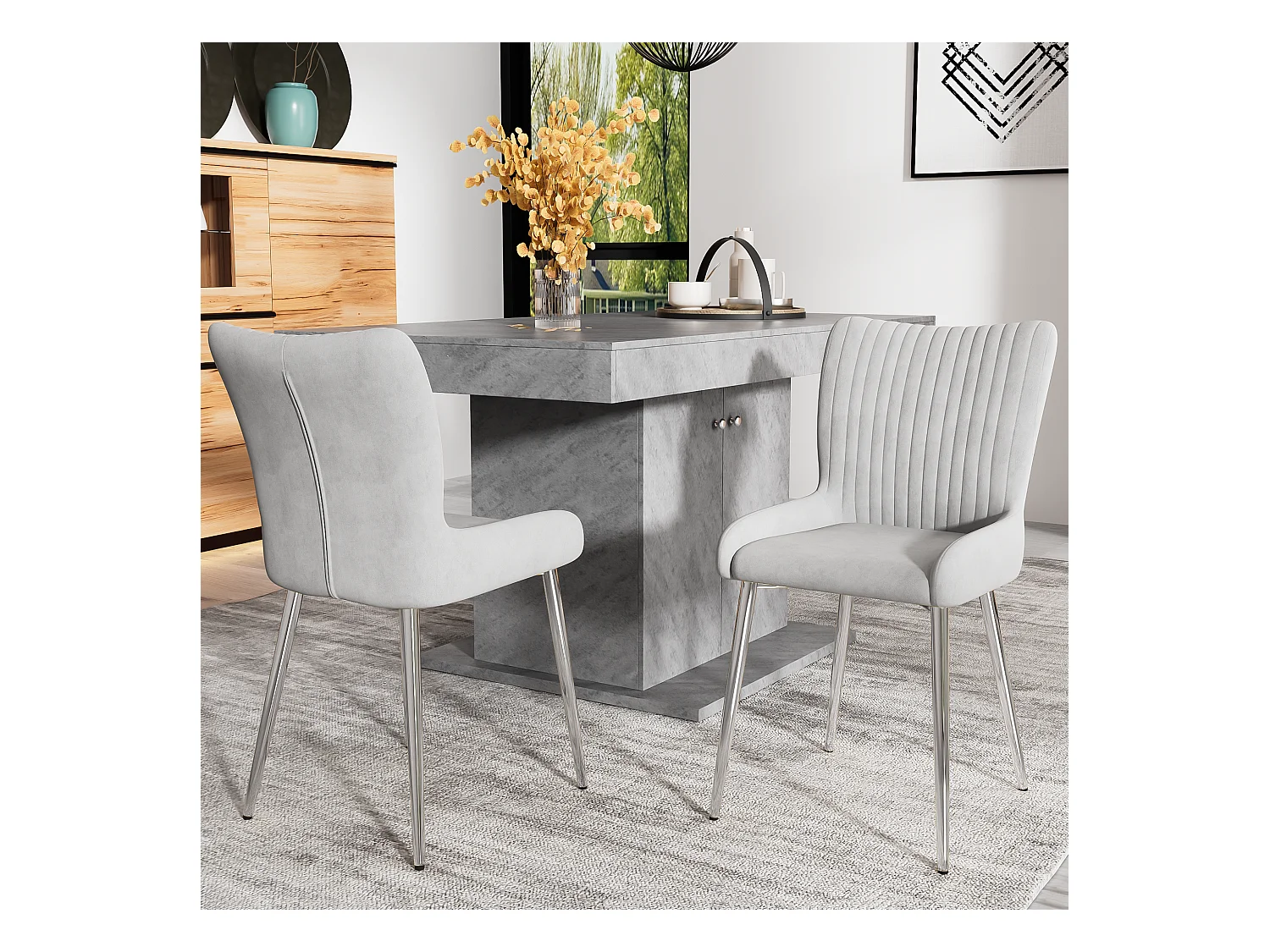 Lot de 2 chaises salle à manger en velours - 85 x 58 x 47 cm - chaise salon de luxe - quatre pieds en métal argenté - gris