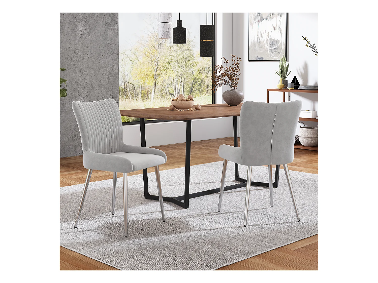 2er Set Esszimmerstühle aus Samt - 85 x 58 x 47 cm - Luxus Loungesessel - vier silberne Metallbeine - Grau