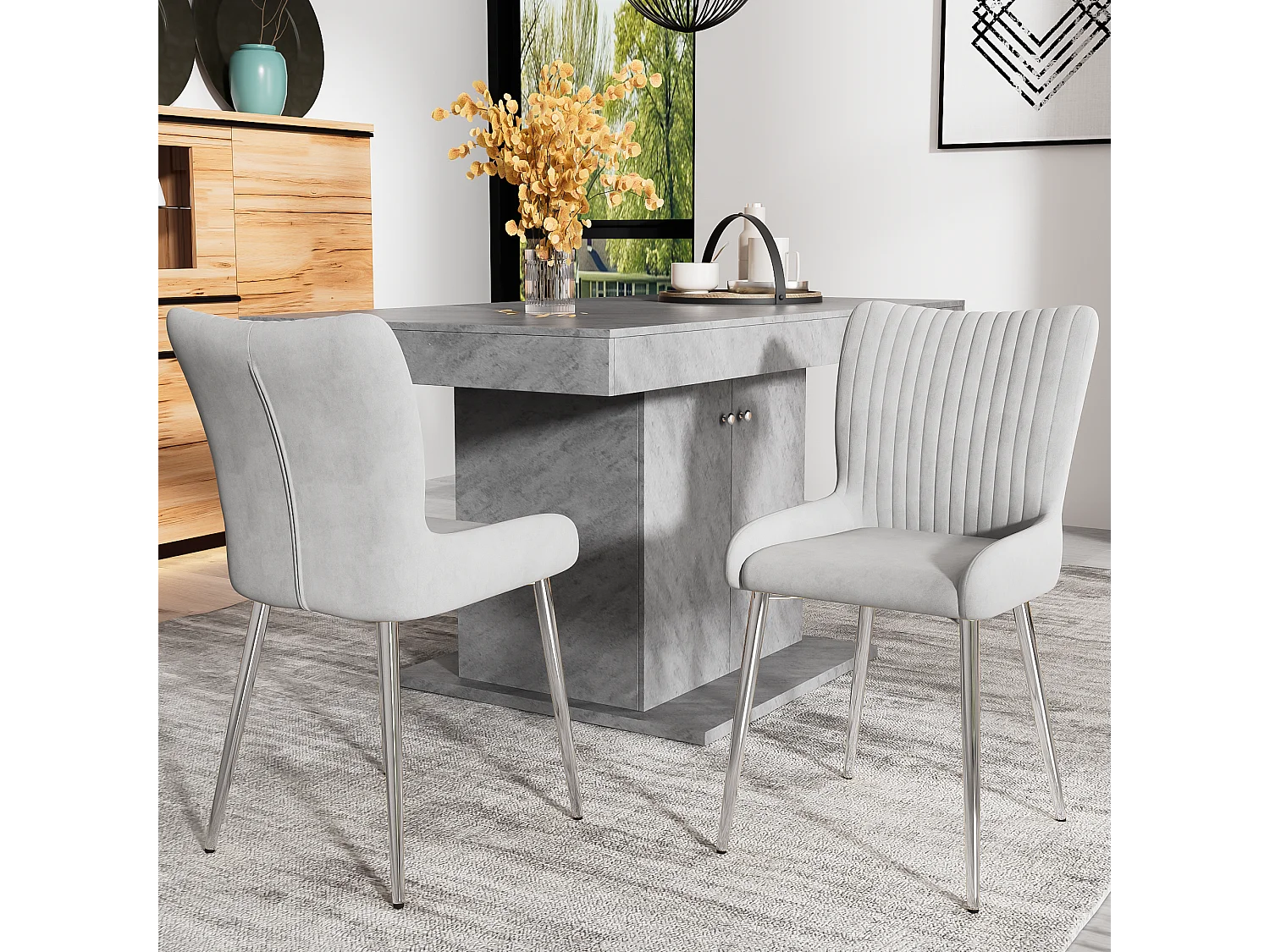 Lot de 2 chaises salle à manger en velours - 85 x 58 x 47 cm - chaise salon de luxe - quatre pieds en métal argenté - gris