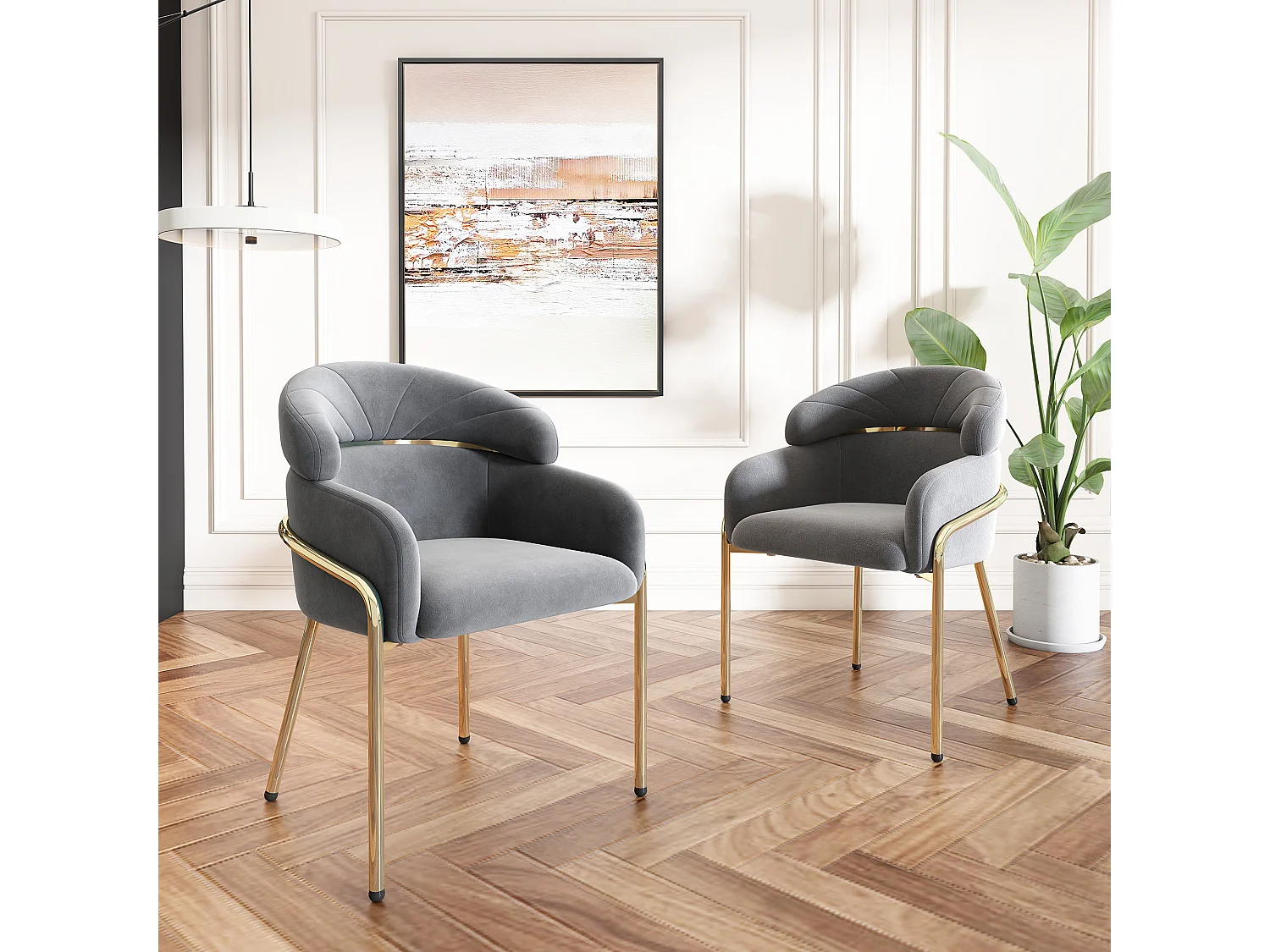 Lot de 2 chaises en velours - 79 x 45 x 53 cm - pour salon et chambre à coucher - quatre pieds en métal - gris