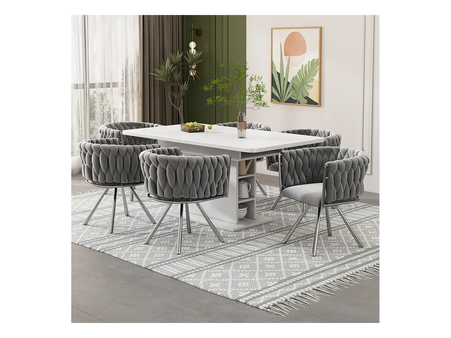 6er-Set Drehstühle aus Samt – 72 x 44 x 59 cm – Wohnzimmer & Schlafzimmer – Vier silberne Metallbeine – Grau