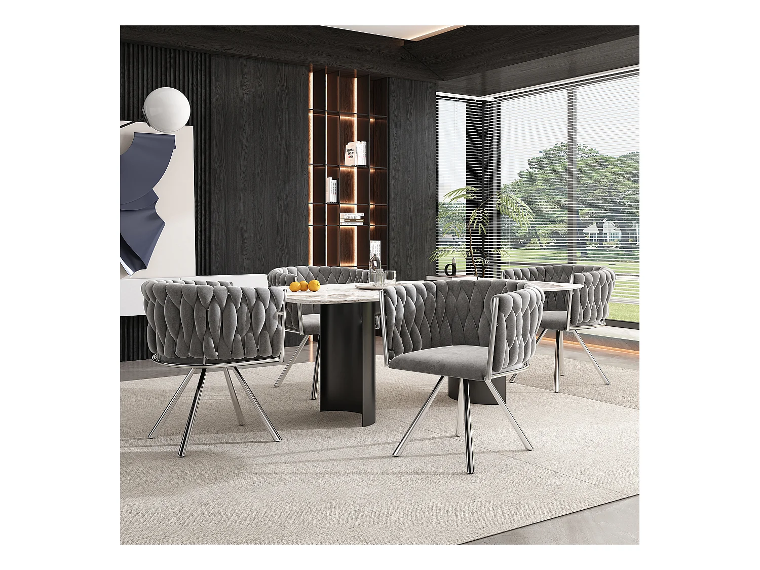 6er-Set Drehstühle aus Samt – 72 x 44 x 59 cm – Wohnzimmer & Schlafzimmer – Vier silberne Metallbeine – Grau