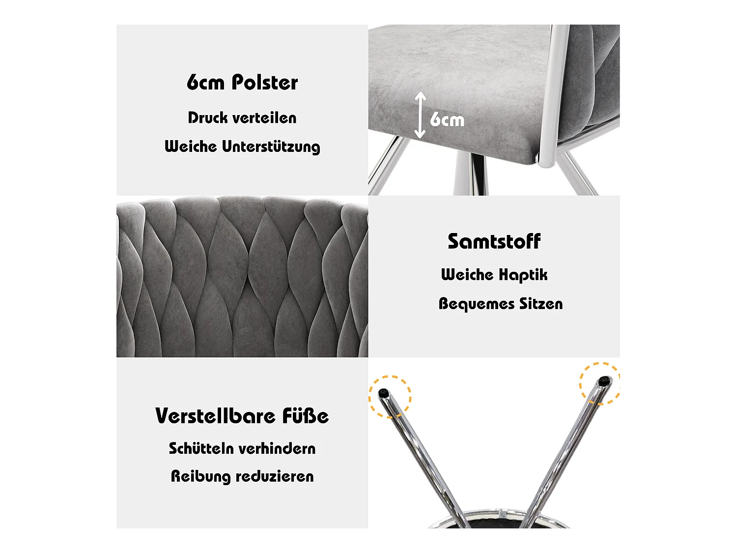 6er-Set Drehstühle aus Samt – 72 x 44 x 59 cm – Wohnzimmer & Schlafzimmer – Vier silberne Metallbeine – Grau