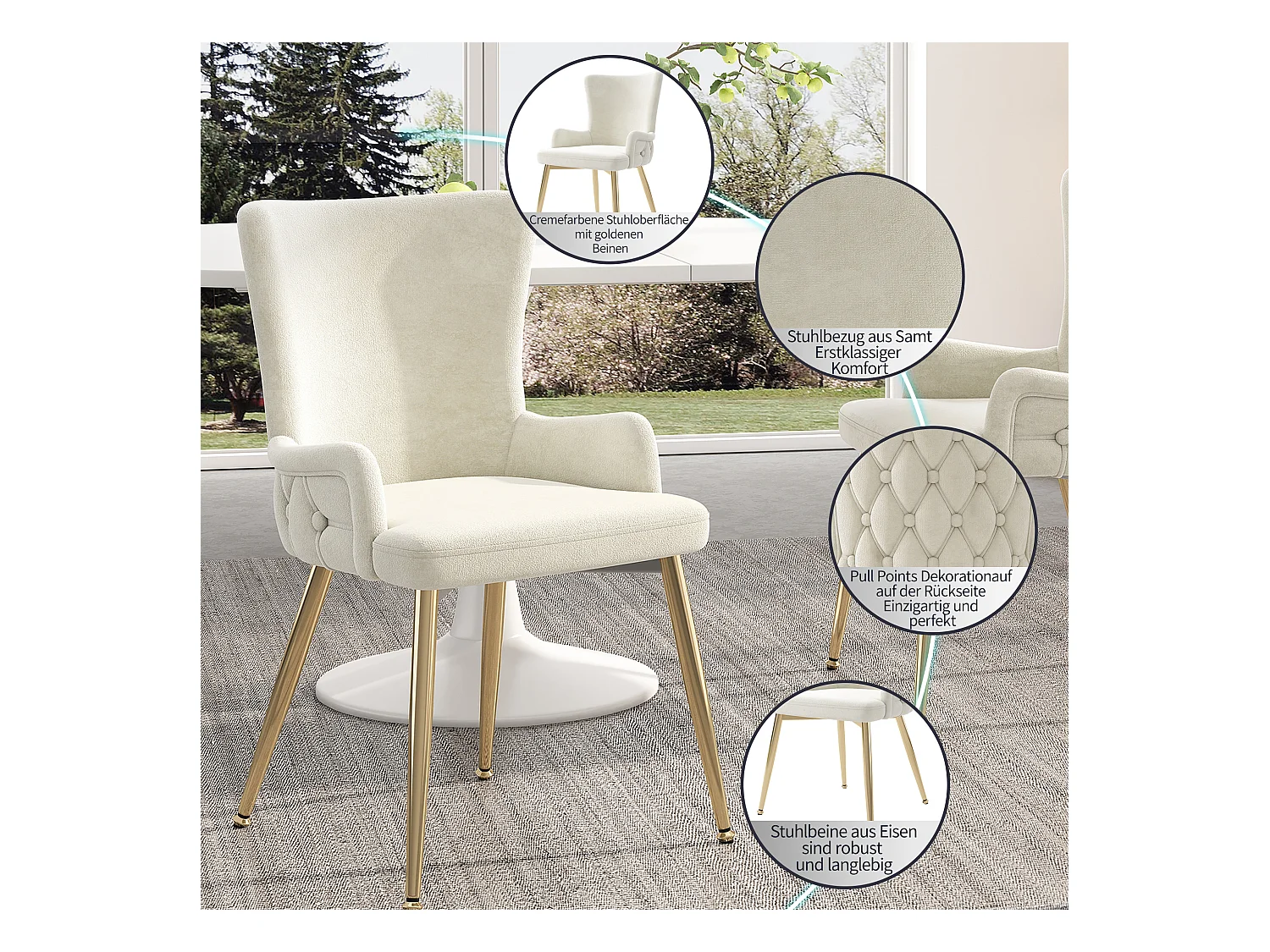 4er-Set Luxus-Samtstühle – 62,23 x 58,42 x 55,88 cm – mit vier goldenen Metallbeinen – Beige