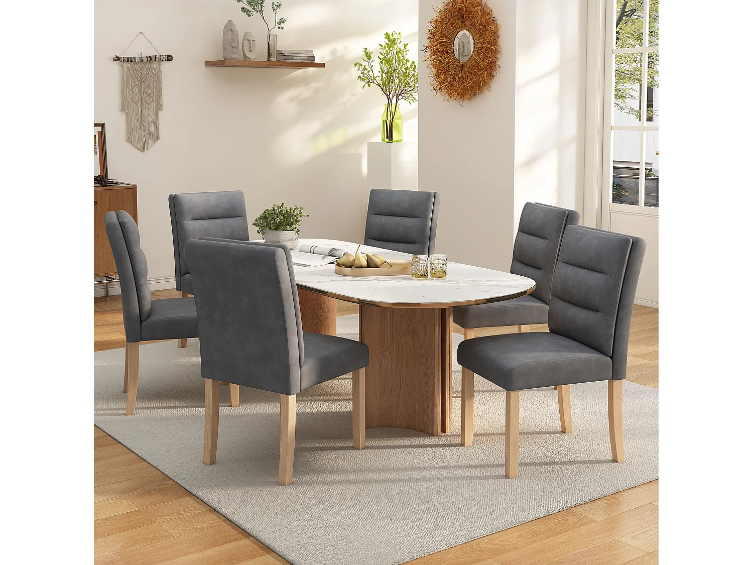 Lot de 6 Chaises de salle à manger familiales - 88 x 59 x 44 cm - avec dossiers en chêne - en PU - gris