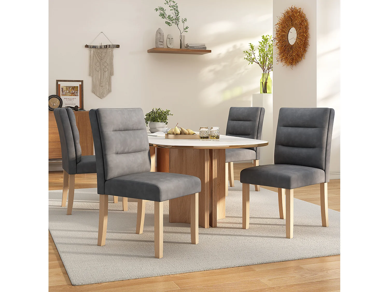 Lot de 6 Chaises de salle à manger familiales - 88 x 59 x 44 cm - avec dossiers en chêne - en PU - gris