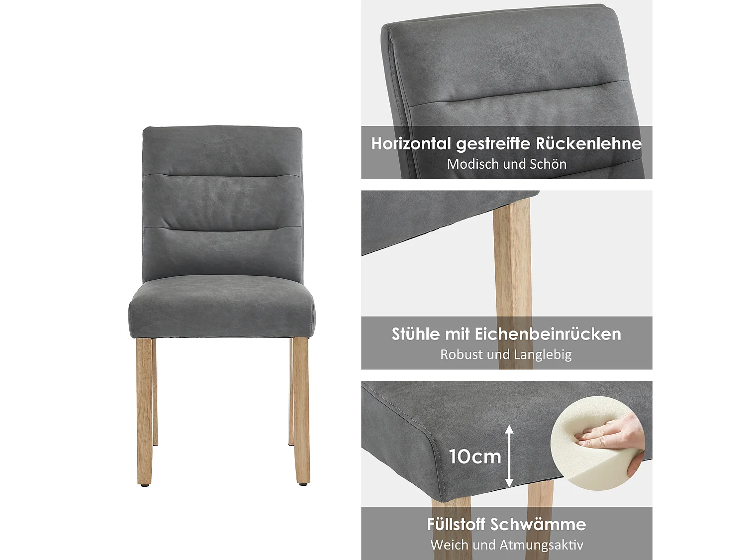 Lot de 6 Chaises de salle à manger familiales - 88 x 59 x 44 cm - avec dossiers en chêne - en PU - gris
