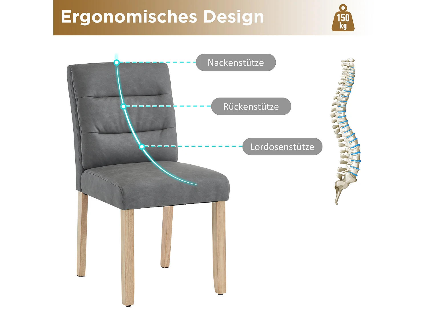 Lot de 6 Chaises de salle à manger familiales - 88 x 59 x 44 cm - avec dossiers en chêne - en PU - gris