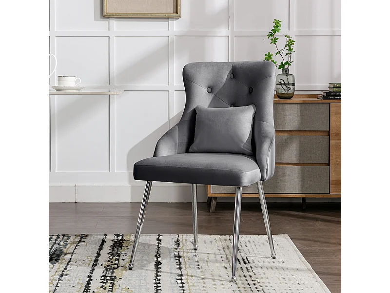 Esszimmerstuhl aus Samt – 87,5 x 58,5 x 54,5 cm – Gepolsterter Sessel mit Lendenkissen – mit Metallbeinen – Grau