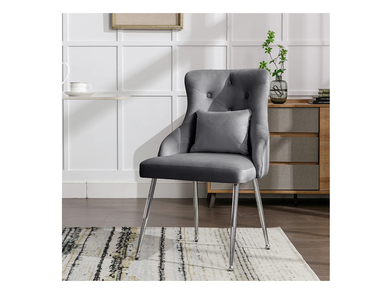 Chaise de salle à manger en velours - 87.5 x 58.5 x 54.5 cm - fauteuil rembourré avec coussin lombaire - avec pieds en métal - gris