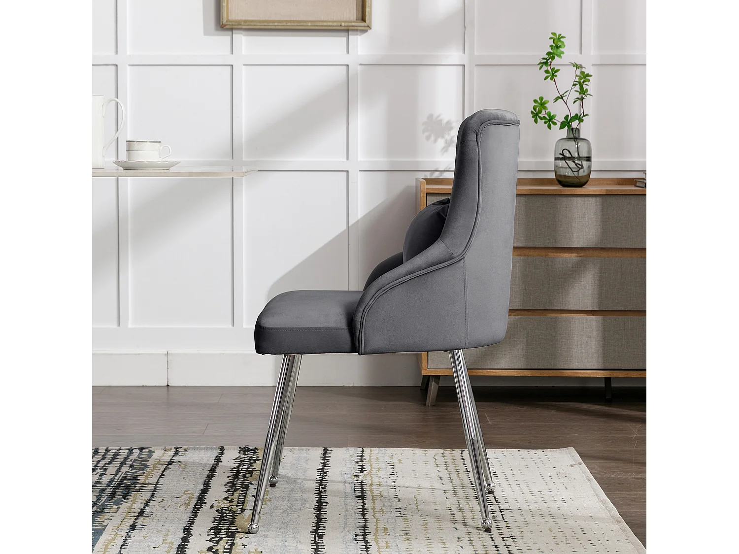 Chaise de salle à manger en velours - 87.5 x 58.5 x 54.5 cm - fauteuil rembourré avec coussin lombaire - avec pieds en métal - gris