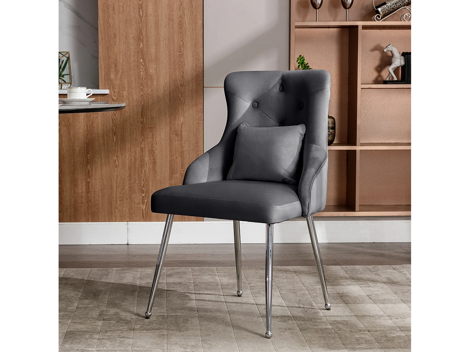 Chaise de salle à manger en velours - 87.5 x 58.5 x 54.5 cm - fauteuil rembourré avec coussin lombaire - avec pieds en métal - gris