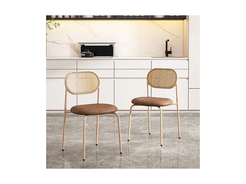 2er Set Samtstühle - 80 x 48 x 46 cm - mit vier Metallbeinen - Rattan Schlafzimmerstuhl - braun