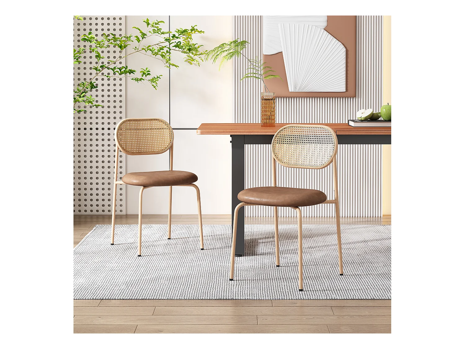 2er Set Samtstühle - 80 x 48 x 46 cm - mit vier Metallbeinen - Rattan Schlafzimmerstuhl - braun